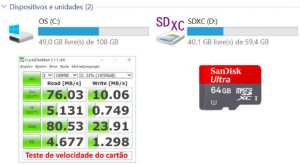 7370 com o cartão de memória e seu teste de velocidade