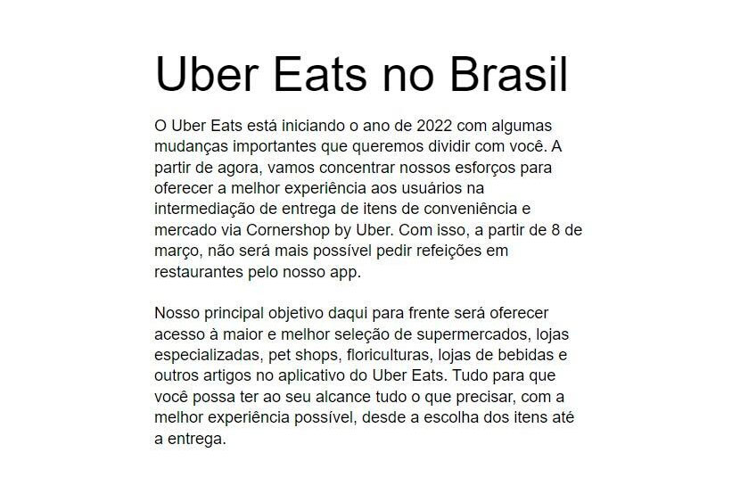 Uber Eats anuncia fim de entregas de restaurantes no Brasil: Veja data 