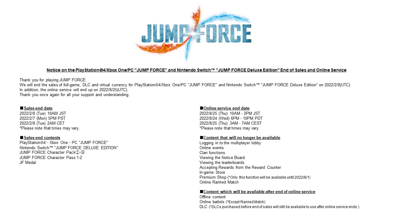 Jump Force é removido de todas as principais vitrines digitais