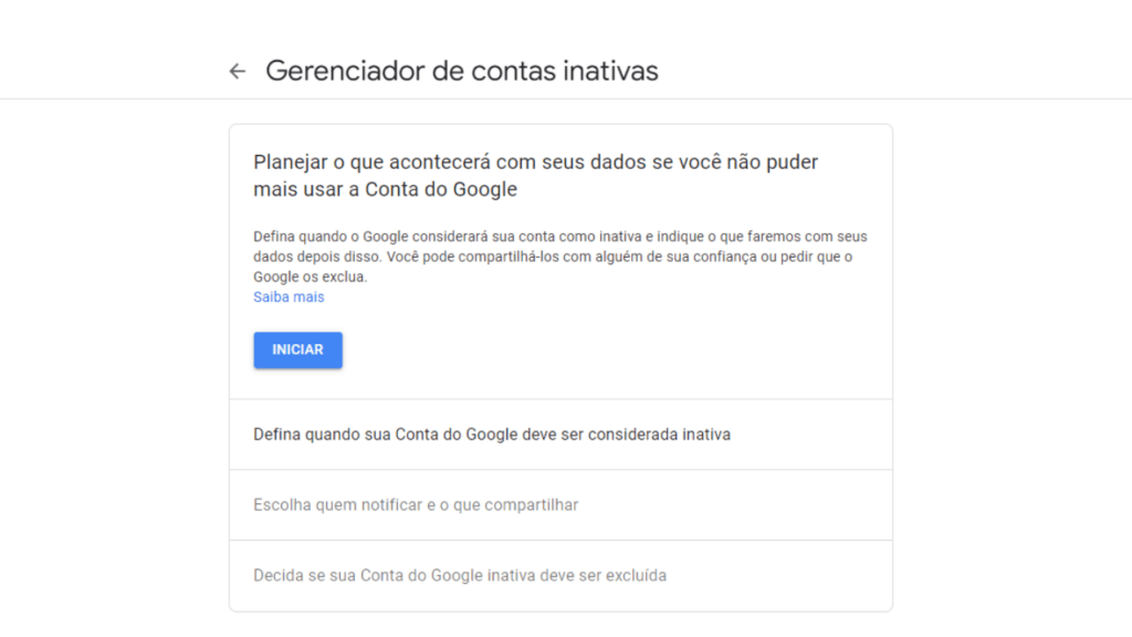 Página do Gerente de Conta Inativa do Gmail (Imagem: Leandro Kovacs/Reprodução)