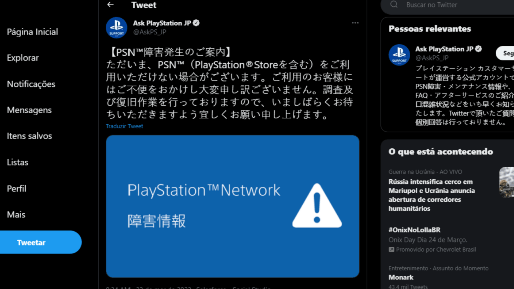 Tweet original da página japonesa da PSN (Imagem: Leandro Kovacs/Reprodução)
