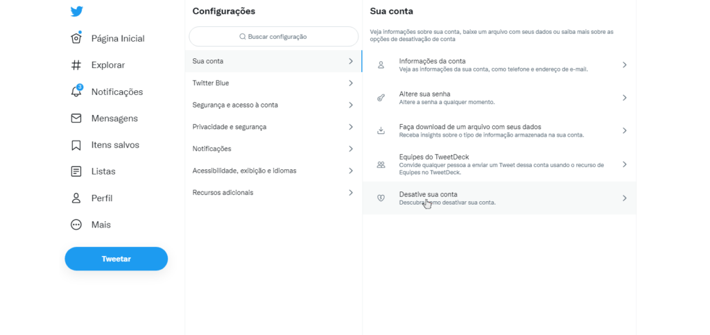 Twitter desativar conta 