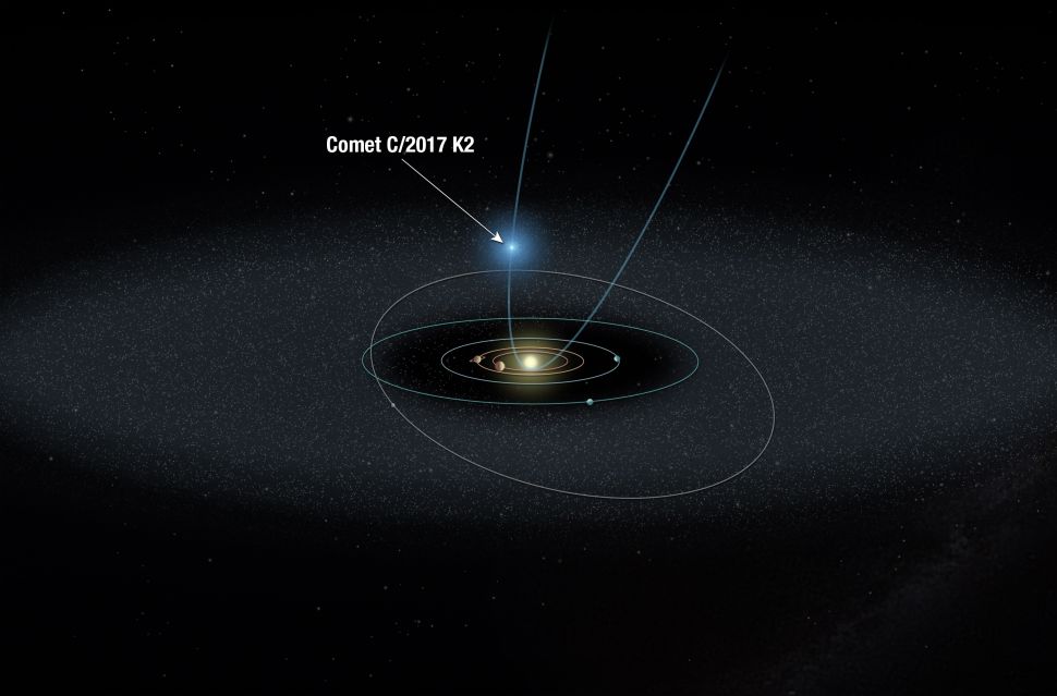 Cometa C/2017 K2 (PANSTARRS), também conhecido como K2, em sua primeira viagem ao Sistema Solar (Imagem Field/NASA/ESA/STScl) 
