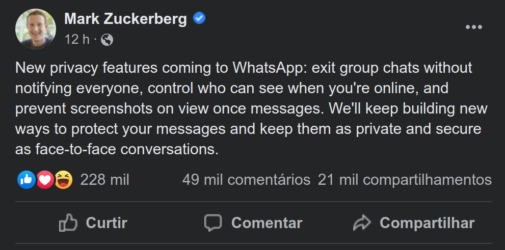 Zuckerberg anuncia novos recursos de privacidade para o WhatsApp