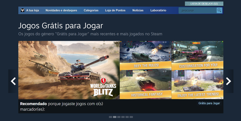 página de jogos gratitos na plataforma da loja da Steam