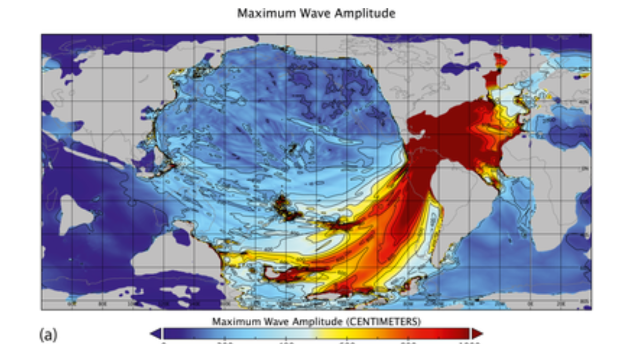 Simulação do tsunami. (Imagem: divulgação/AGU Advances)