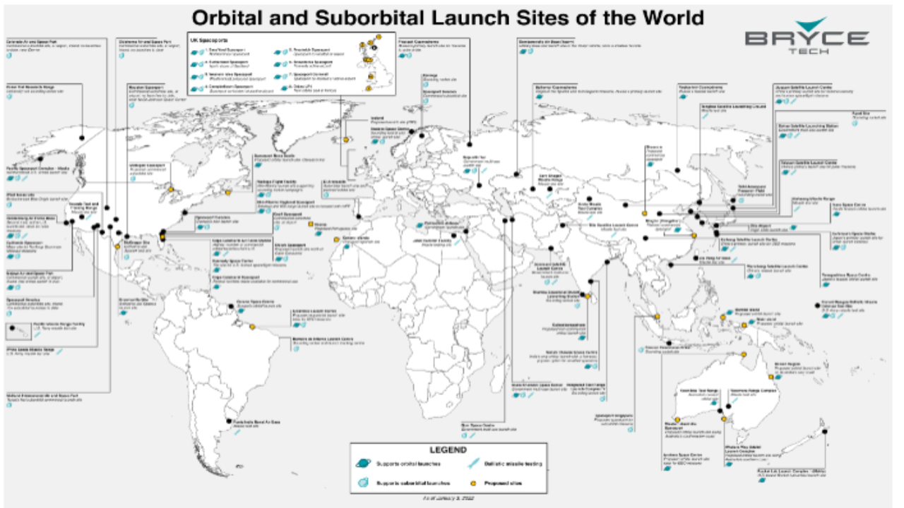 Echa un vistazo a los sitios de lanzamiento de cohetes en todo el mundo.  (Imagen: Divulgación/BryceTech)