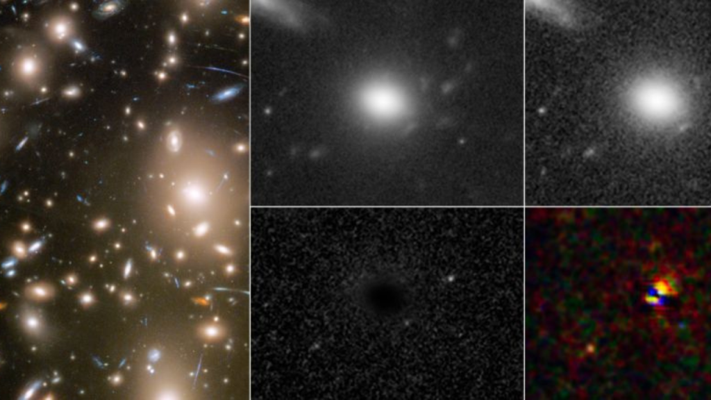 O painel esquerdo mostra a porção de Abell 370 onde as múltiplas imagens da supernova apareceram. O painel A, um composto de observações do Hubble de 2011 a 2016, mostra as localizações da galáxia hospedeira de múltiplas imagens após o desaparecimento da supernova. O painel B, uma imagem do Hubble de dezembro de 2010, mostra as três imagens da galáxia hospedeira e da supernova em diferentes fases de sua evolução. O painel C, que subtrai a imagem do painel B daquela do painel A, mostra três faces diferentes da supernova em evolução. Usando um processo de subtração de imagem semelhante para vários filtros de dados, o Painel D mostra as diferentes cores da supernova de resfriamento em três estágios diferentes de sua evolução.(Crédito da imagem: NASA, ESA, STScI, Wenlei Chen (UMN), Patrick Kelly (UMN), Hubble Frontier Fields)