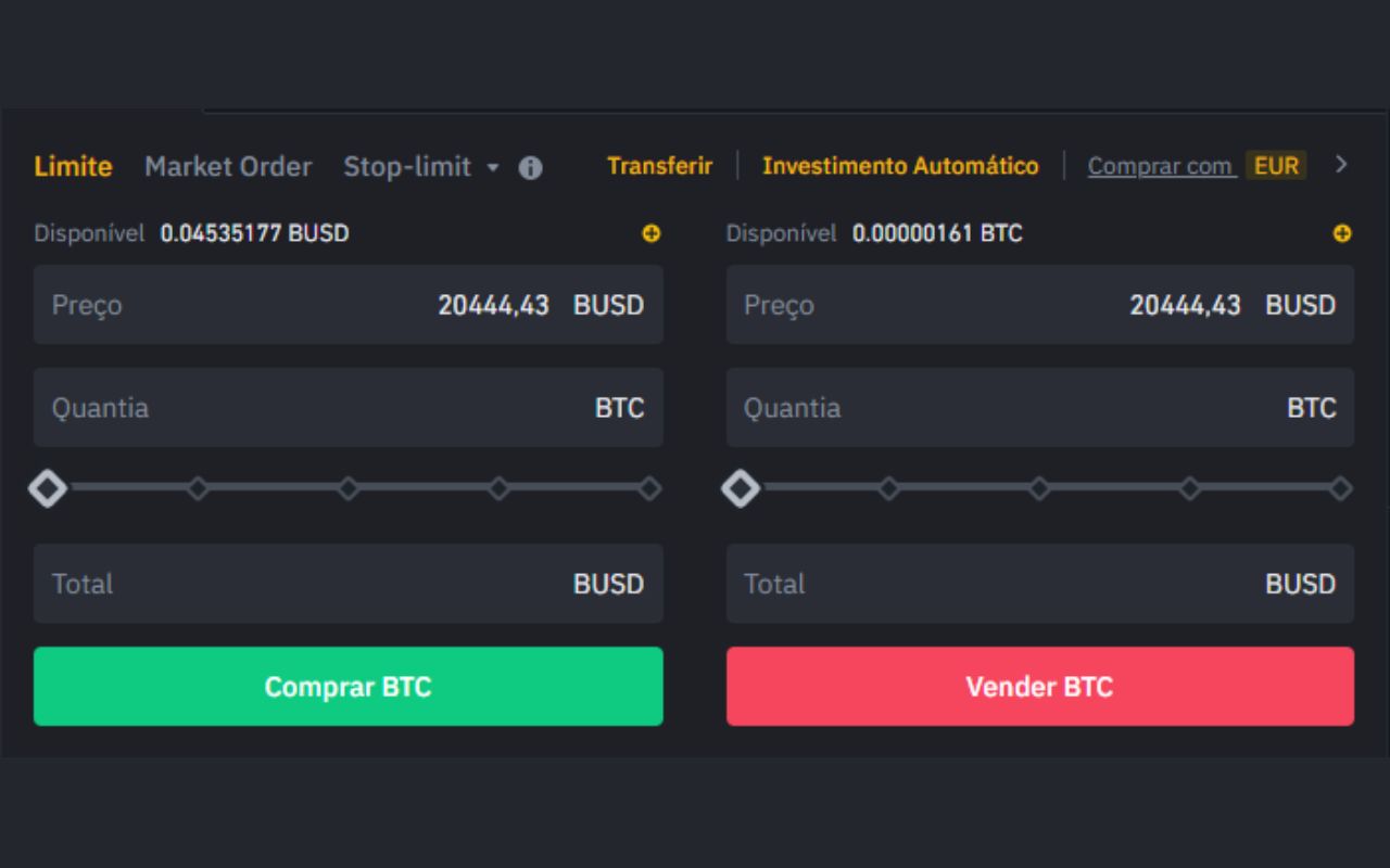 Painel de compra de criptomoedas