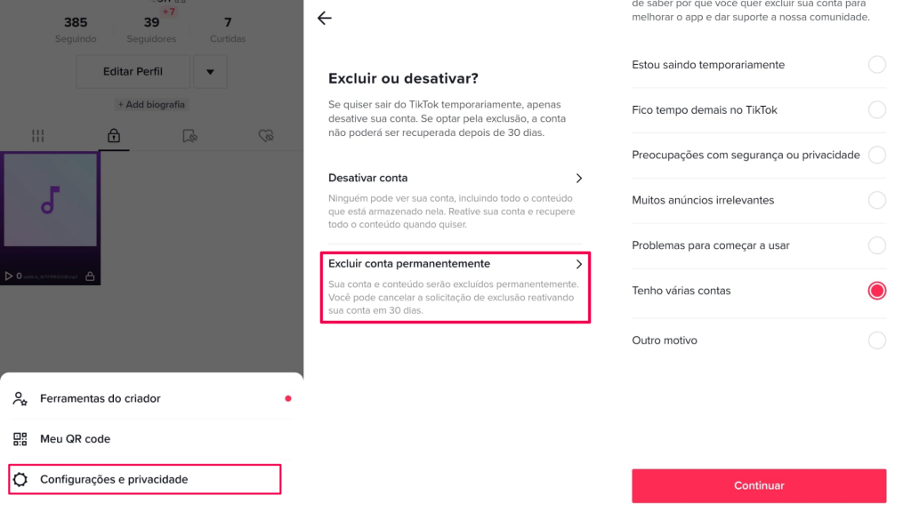 excluir conta do tiktok