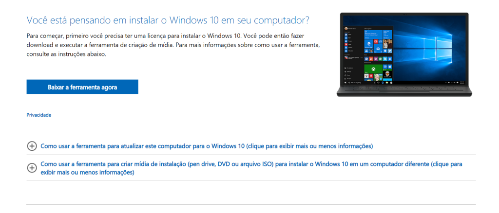 página de download para baixar e instalar o Windows 10