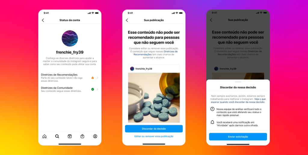 status da conta do instagram com aviso de shadowban