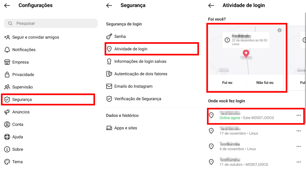 Acessar o menu de atividades de login no Instagram