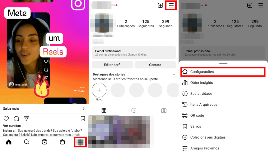 acessar o menu de configurações da conta do Instagram