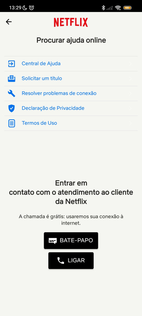 Página de ajuda da netflix smartphone