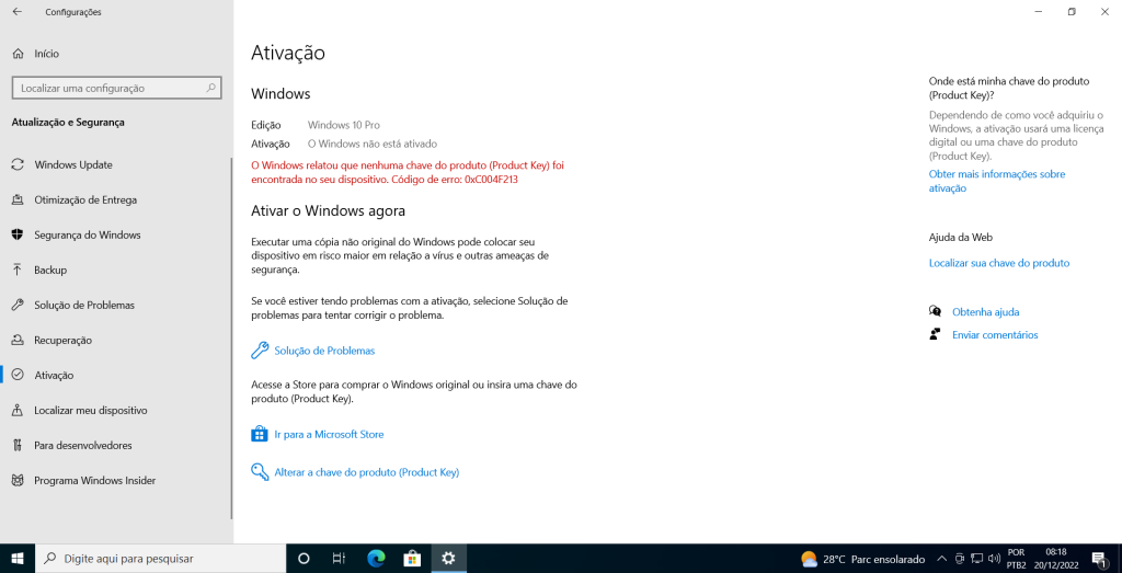 windows 10 tela de ativação do sistema operacional