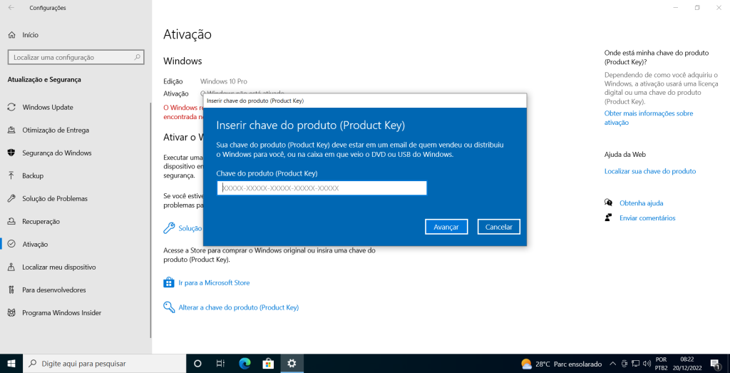 windows 10 tela de ativação do sistema operacional