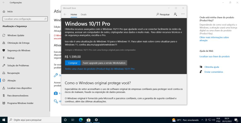 windows 10 tela de ativação do sistema operacional, comprando a licença pela loja 