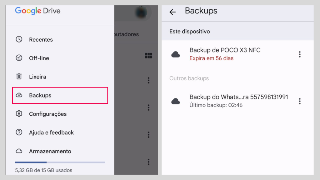 vendo os backups no Google drive