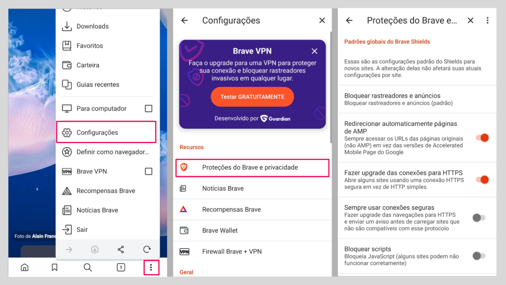 ativando as configurações de privacidade no Brave