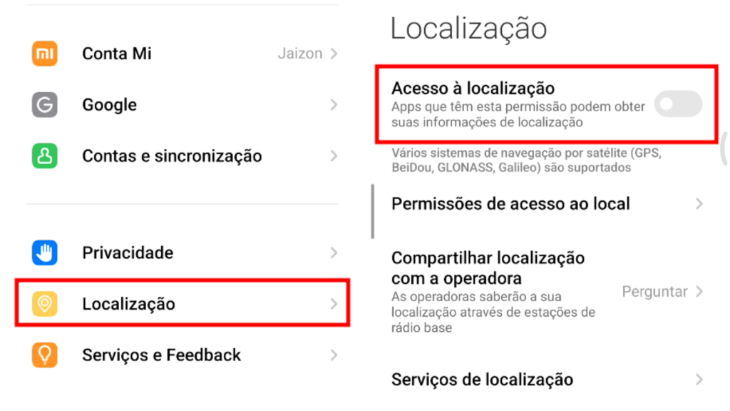 Desativando a Localização do dispositivo