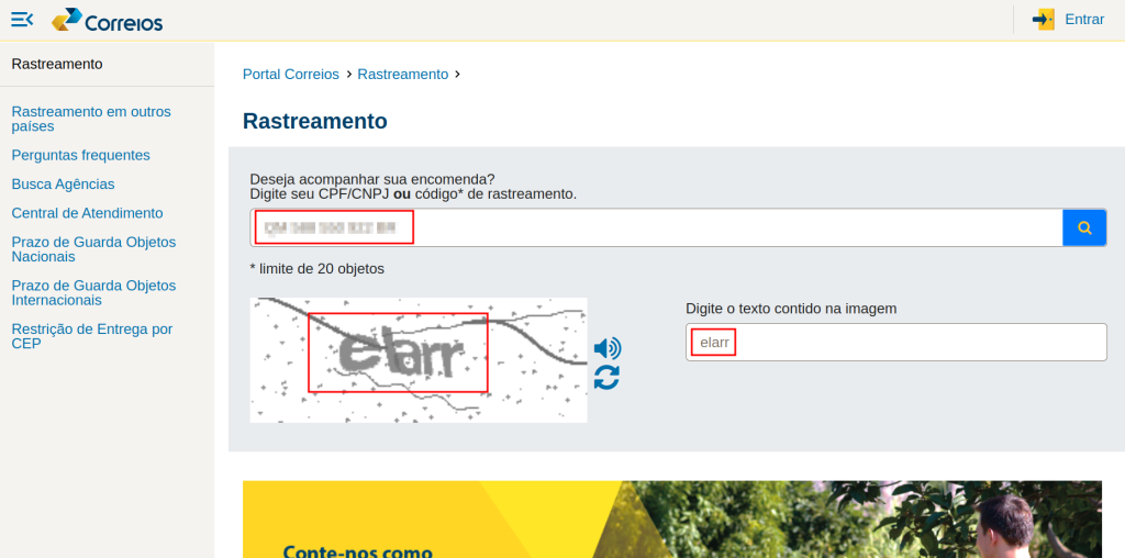 rastreamento dos correios com o código