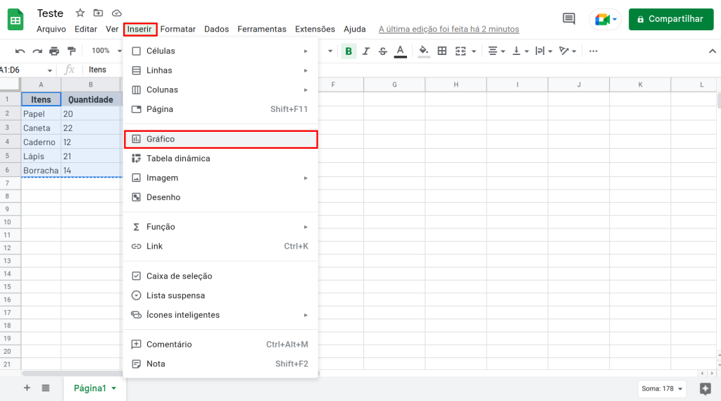 inserindo um fráfico no Google Planilhas