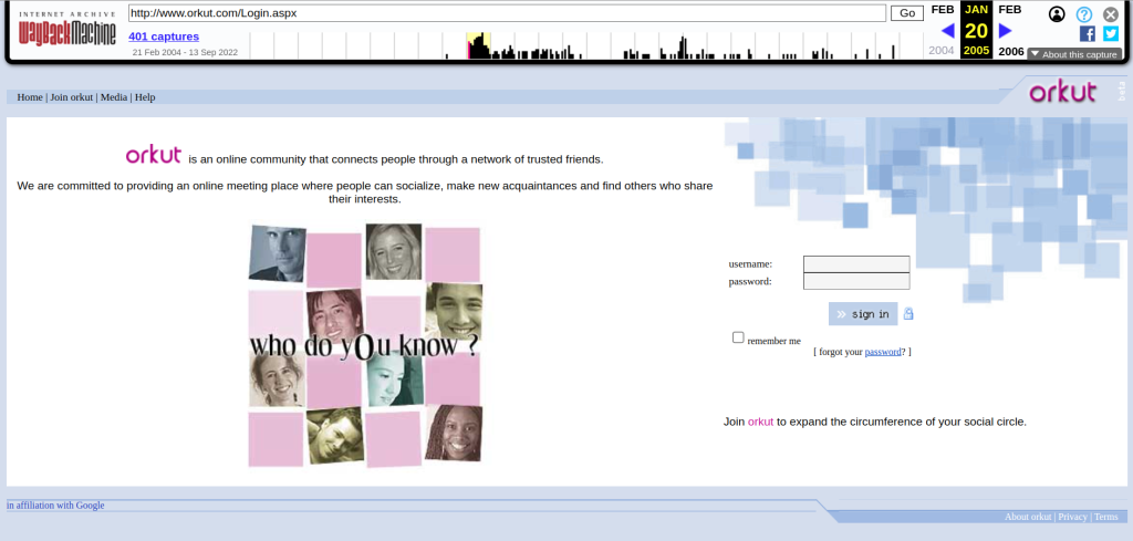 página do orkut no wayback machine