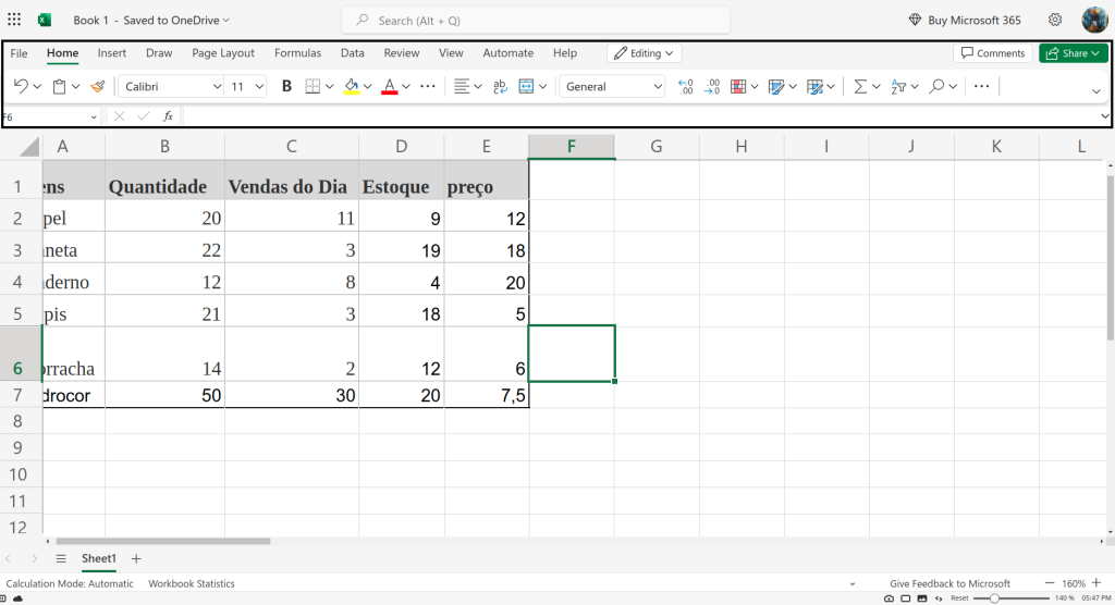 interface do excel online
