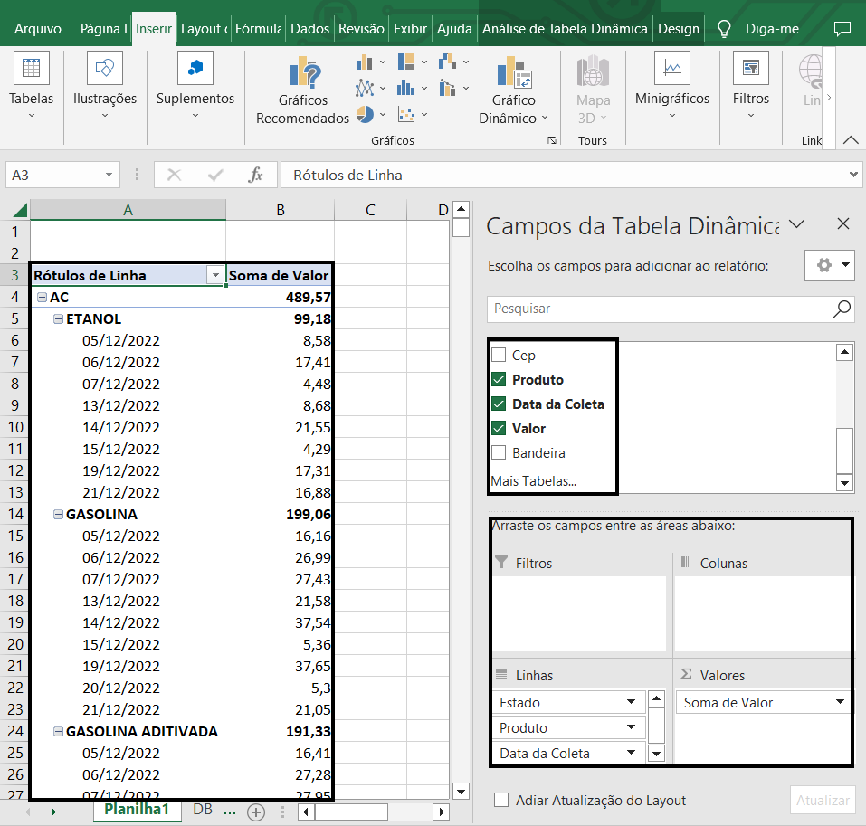 escolha de campos para o dashboard no excel