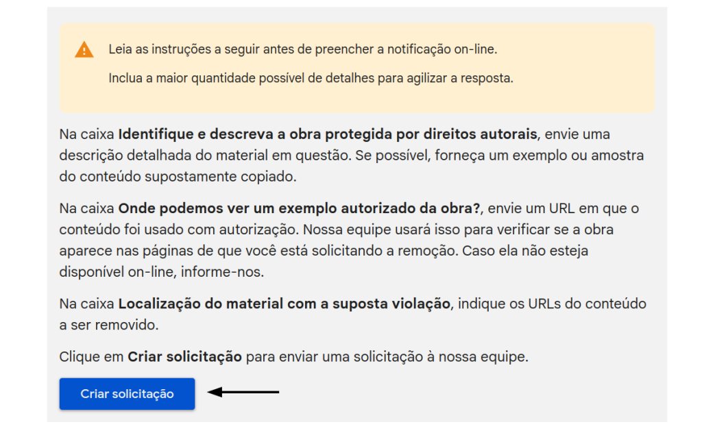 criar a solicitação por motivos jurídicos