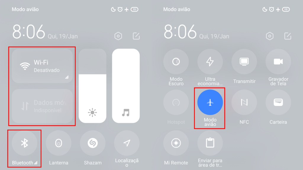 desligando bluetooth e ativando modo avião