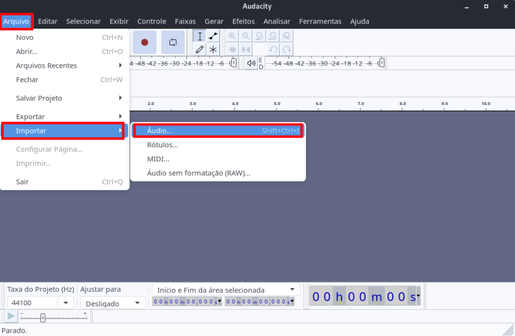 importando áudio no audacity