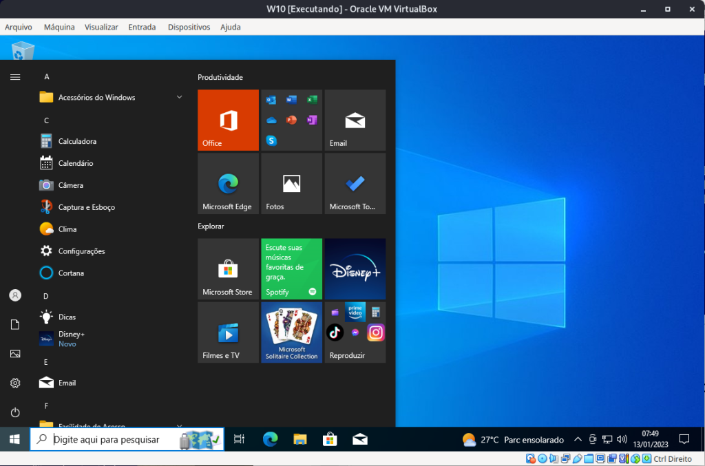 Windows 10 instalado no Linux usando VirtualBox