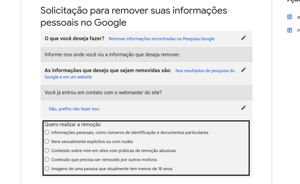 pedir para remover informações do google search