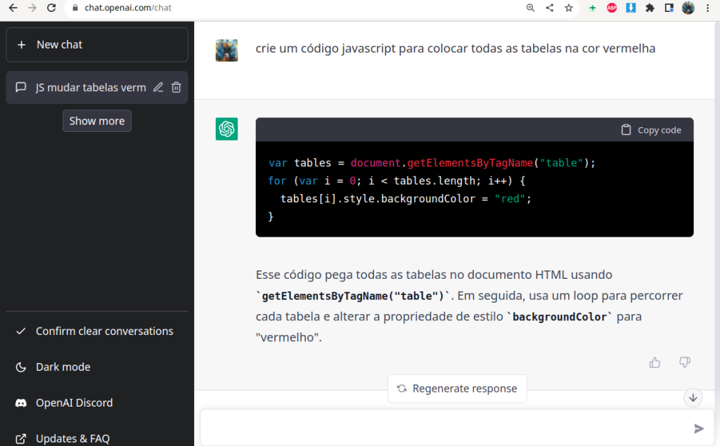 ChatGPT criando código em javascript