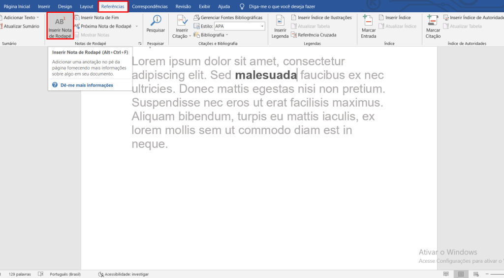 como inserir nota de rodapé no word