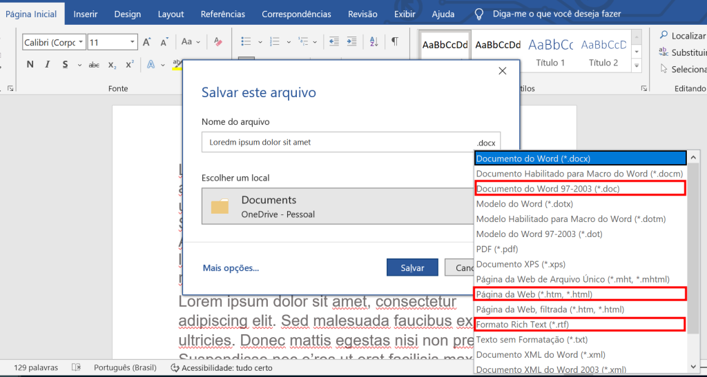 html, rtf e doc como salvar documento no word