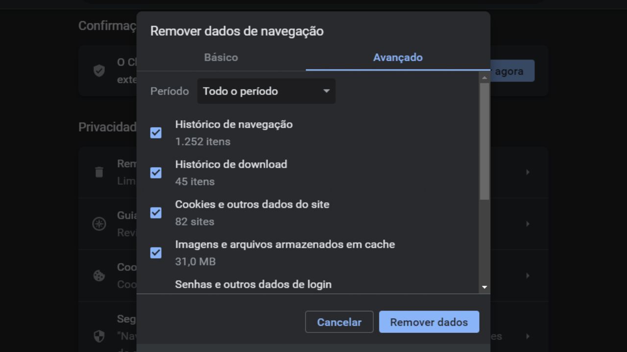 página para deletar automaticamente dados de navegação