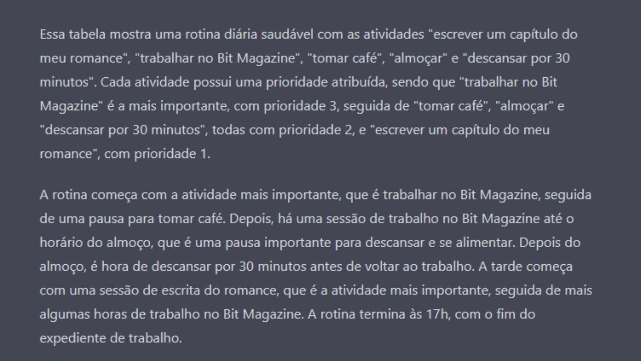 Resposta a solicitação feita ao ChatGPT sobre a criação de rotina saudável