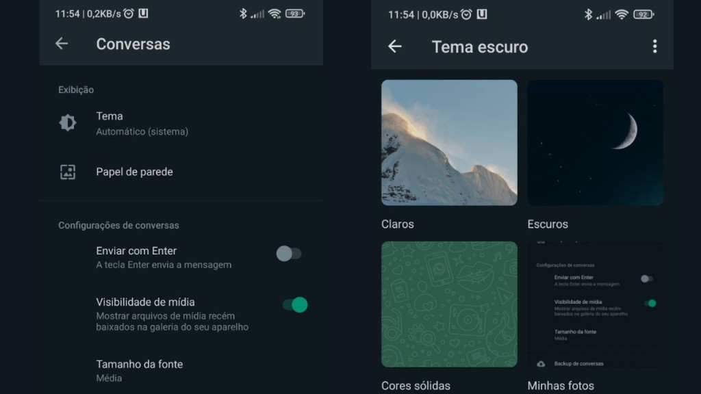 Aba para alterar tema e papel de parede no WhatsApp