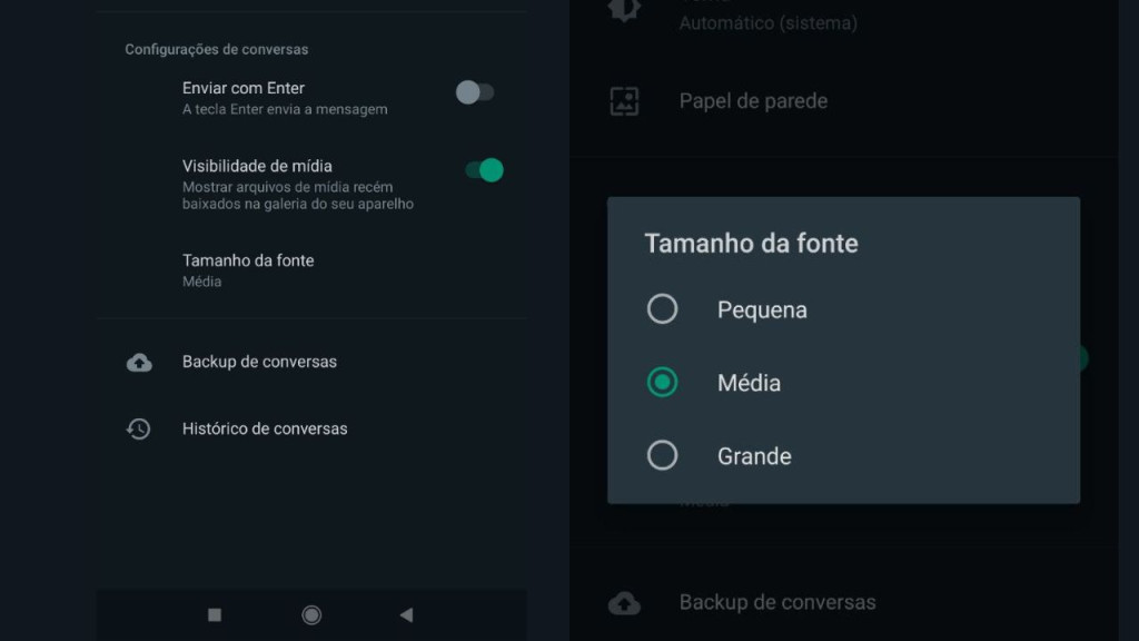 Aba de alteração tamanho de fonte WhatsApp