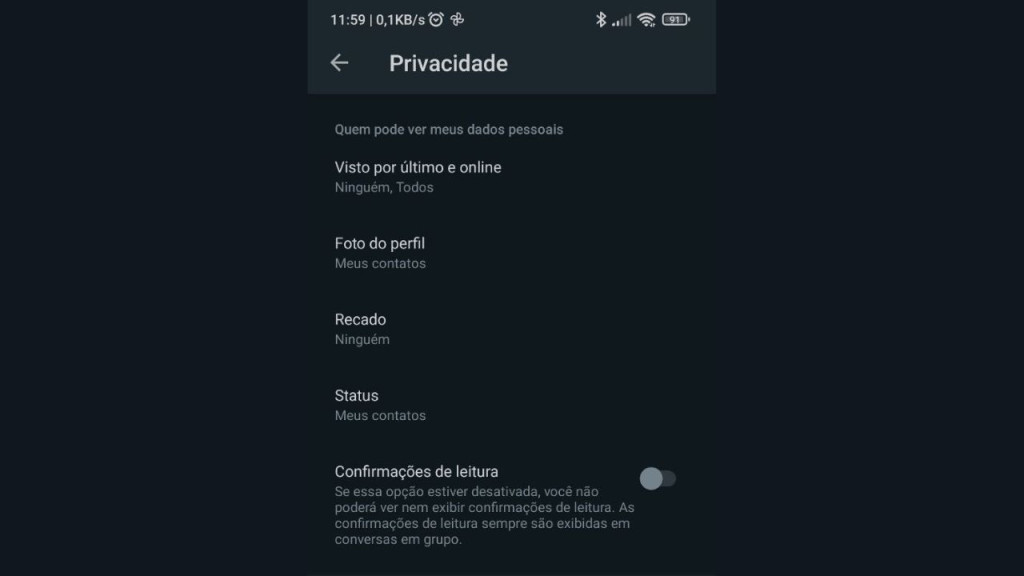 Aba configurações de privacidade WhatsApp