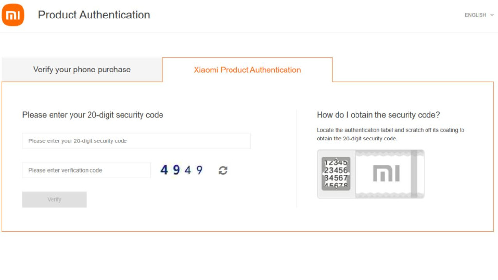 Site para autenticação de produto Xiaomi 