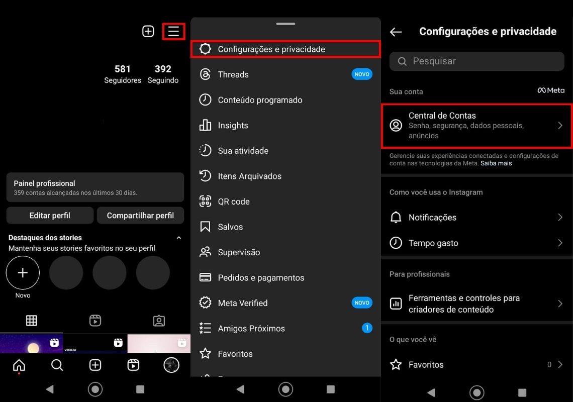 Tela de configurações do Instagram