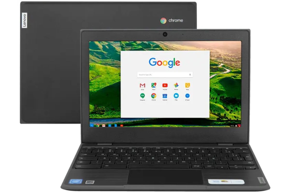 Chromebook preto da Lenovo com a tela inicial da barra de pesquisa do Google 