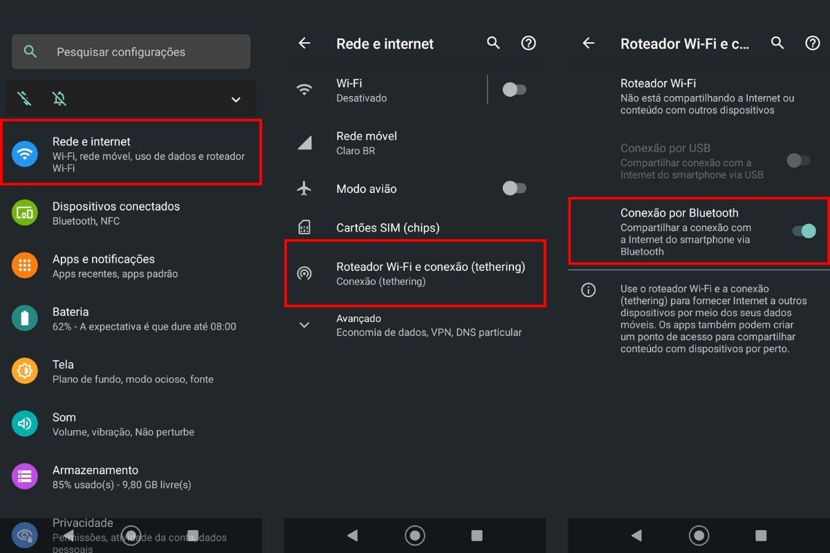 Configurações do smartphone para ativar o roteador via Bluetooth 