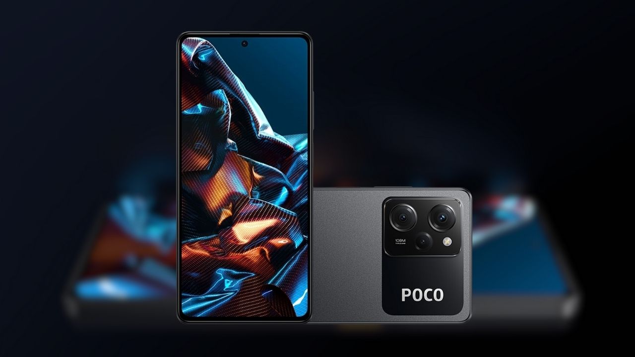 Montagem com fundo preto destacando o celular Xiaomi Poco X5 Pro na cor cinza