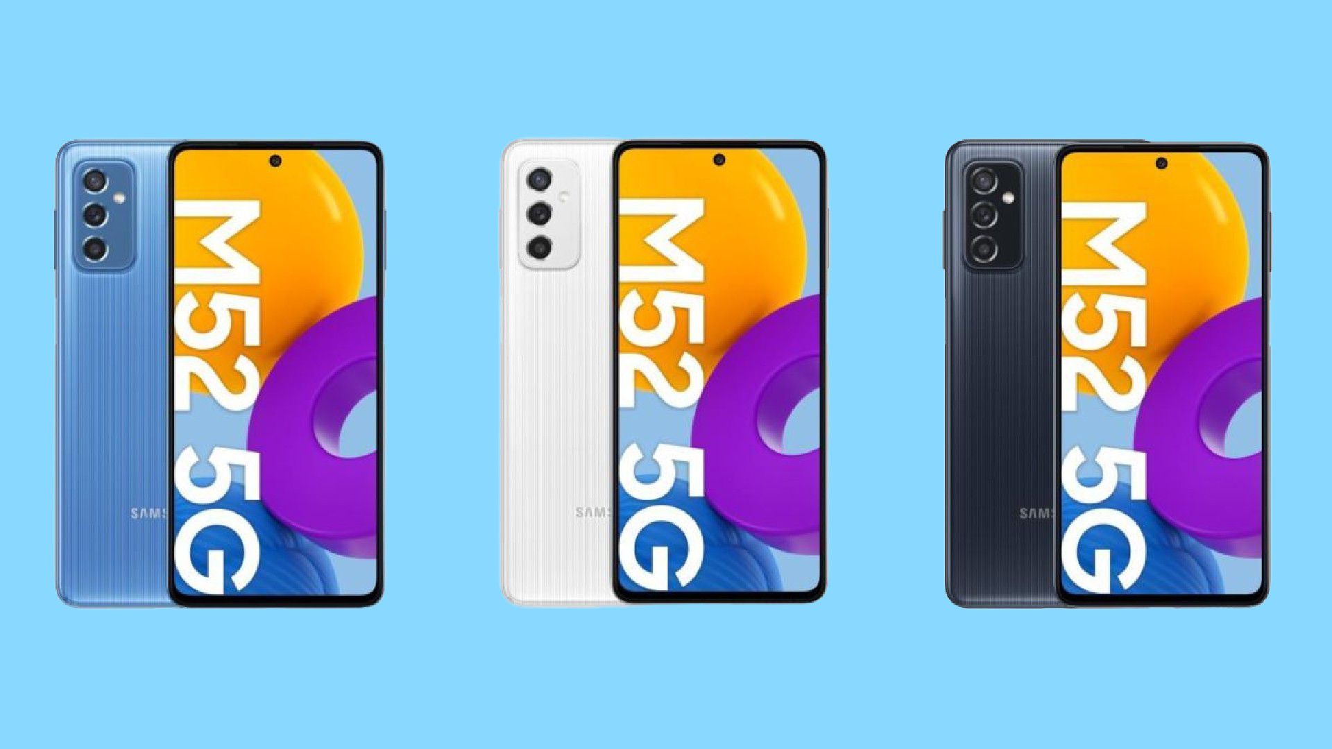 Montagem com fundo azul e 3 exemplares do celular Samsung Galaxy M52