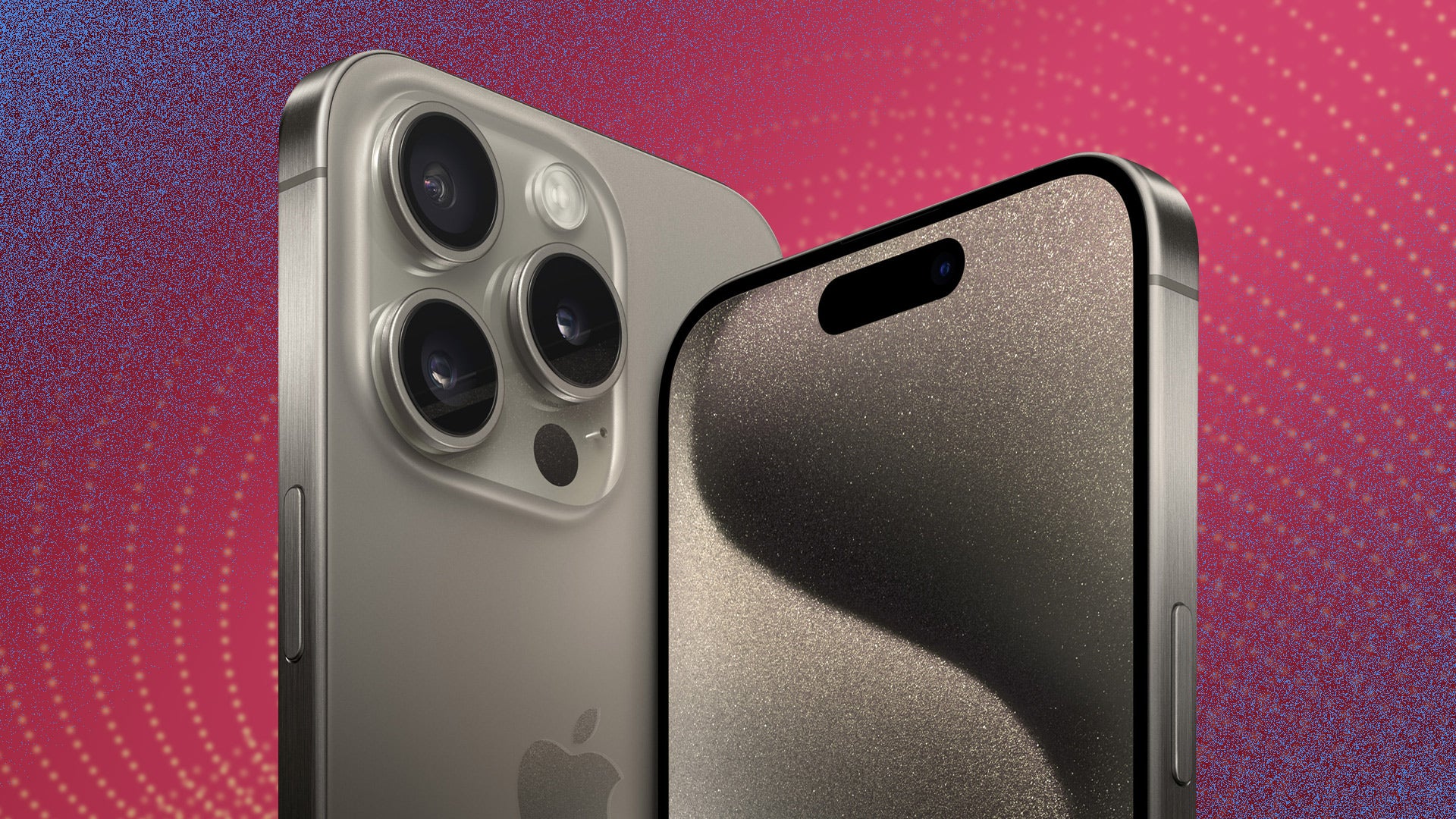 Detalhes da câmera frontal e traseira do iPhone 15 Pro Max na cor cinza
